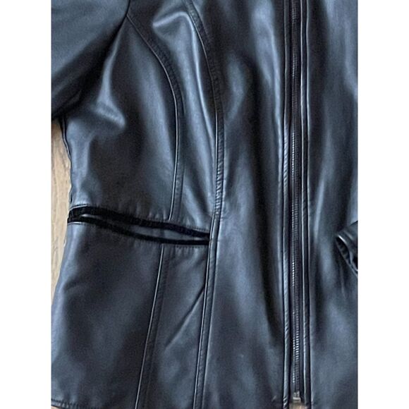 Alfani Black Faux Leather Jacket Women’s L Zip Front Velvet Trim Moto Style - Picture 7 of 13